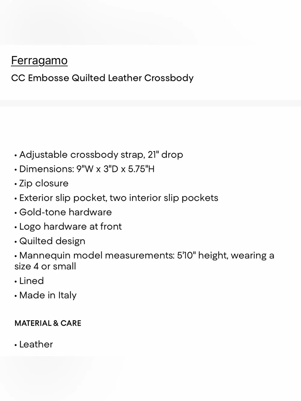 NWT FERRAGAMO CC Embosse Quilted Leather Crossbody